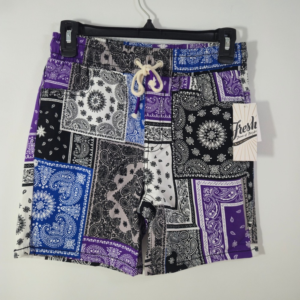 Fresh Prints of Bel-Air Mens Bandana Patchwork Stretch Twill Shorts Purple Small